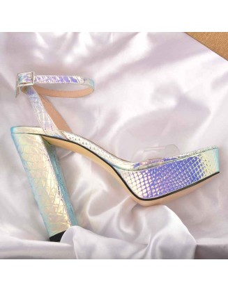 Iridescent Snake Print Platform Chunky Heels Sandals