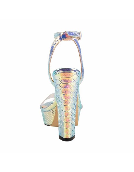 Iridescent Snake Print Platform Chunky Heels Sandals