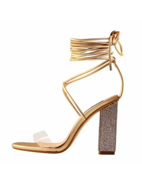 Rhinestone Chunky High Heel Lace up Sandals