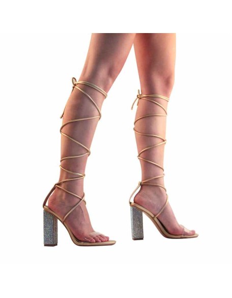 Rhinestone Chunky High Heel Lace up Sandals