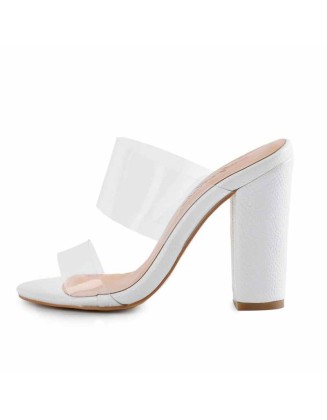 Clear Double Straps Snake Pattern Chunky Heels Mules