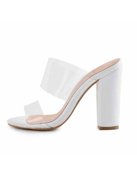 Clear Double Straps Snake Pattern Chunky Heels Mules
