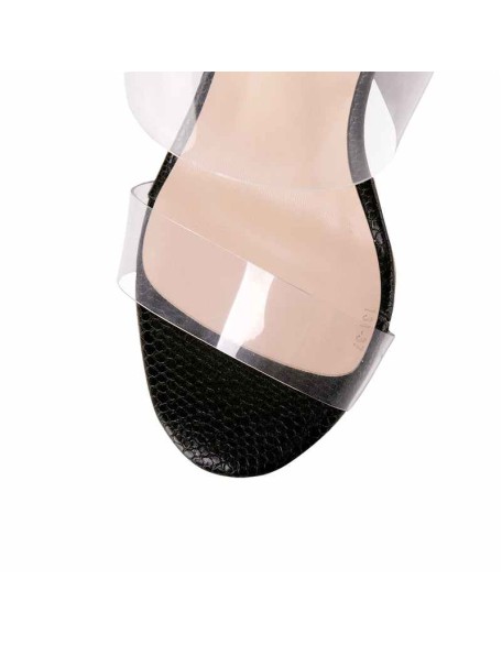 Clear Double Straps Snake Pattern Chunky Heels Mules