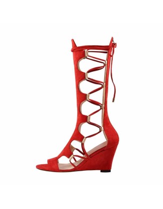 Lace Up Gladiator Cutout Wedge Sandal Boots