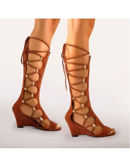 Lace Up Gladiator Cutout Wedge Sandal Boots