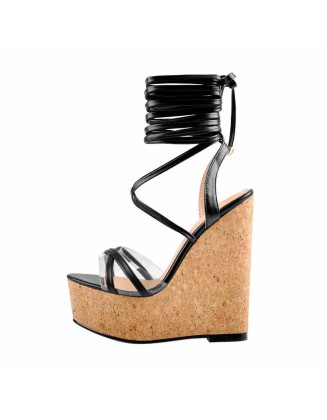 Lace up Wood Platform Wedge Open Toe Sandals