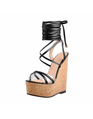 Lace up Wood Platform Wedge Open Toe Sandals