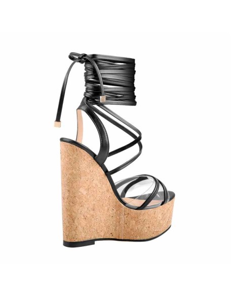 Lace up Wood Platform Wedge Open Toe Sandals