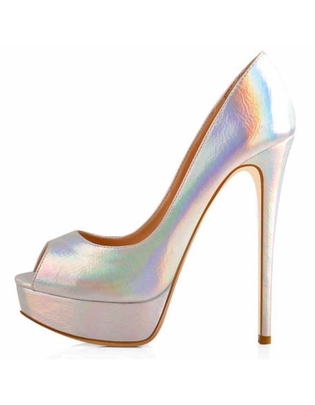 Holographic Peep Toe Stiletto Heel Platform Pumps