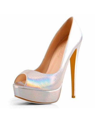Holographic Peep Toe Stiletto Heel Platform Pumps