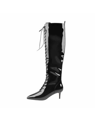 Overall Patent Leather Pointed Toe Knee High Mid Heel Boots