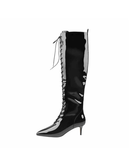 Overall Patent Leather Pointed Toe Knee High Mid Heel Boots