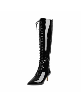 Overall Patent Leather Pointed Toe Knee High Mid Heel Boots