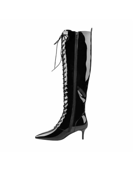 Overall Patent Leather Pointed Toe Knee High Mid Heel Boots