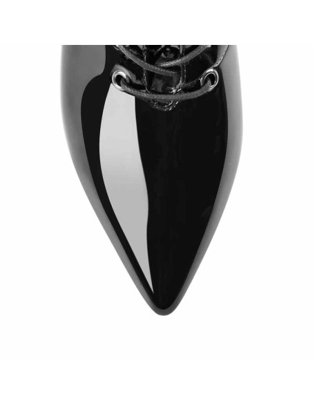 Overall Patent Leather Pointed Toe Knee High Mid Heel Boots