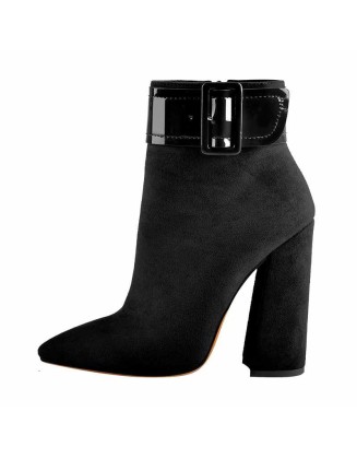 Pointed Toe Chunky Heels Ankle Patent Leather Buckle Suede Boots