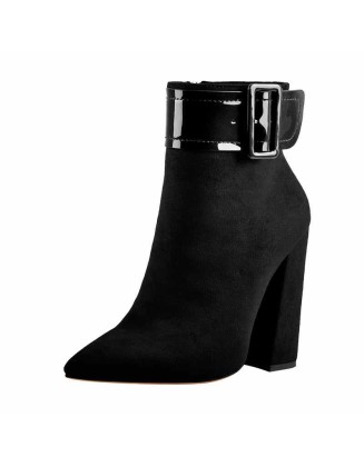 Pointed Toe Chunky Heels Ankle Patent Leather Buckle Suede Boots