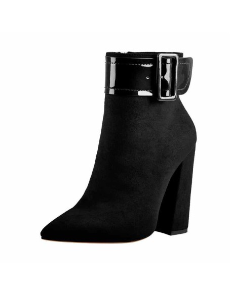 Pointed Toe Chunky Heels Ankle Patent Leather Buckle Suede Boots