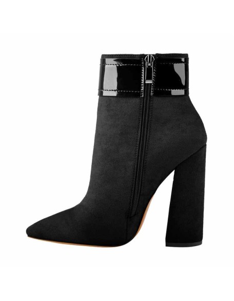 Pointed Toe Chunky Heels Ankle Patent Leather Buckle Suede Boots