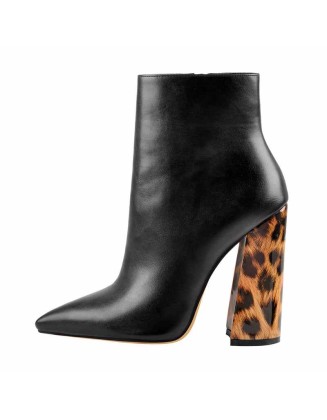 Matte Leather Pointed Toe Leopard Chunky Block Heels Ankle Booties