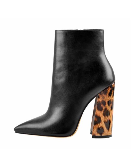 Matte Leather Pointed Toe Leopard Chunky Block Heels Ankle Booties