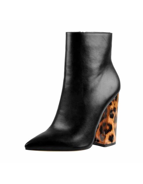 Matte Leather Pointed Toe Leopard Chunky Block Heels Ankle Booties