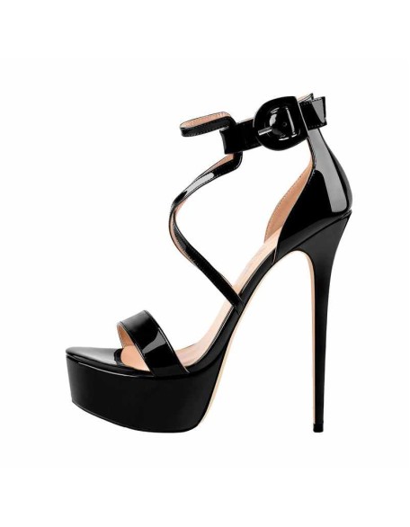 Black Patent Leather Platform Cross-tied High Heel Stiletto Sandals
