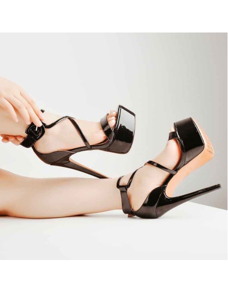 Black Patent Leather Platform Cross-tied High Heel Stiletto Sandals