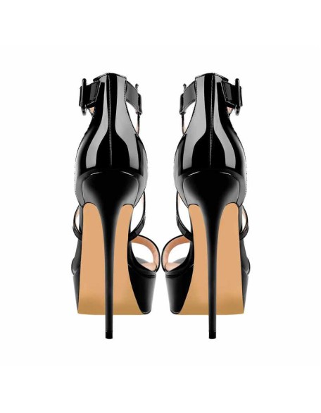 Black Patent Leather Platform Cross-tied High Heel Stiletto Sandals
