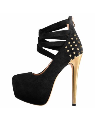Round Toe Platform Metallic Rivet High Heel Pumps