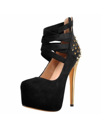 Round Toe Platform Metallic Rivet High Heel Pumps