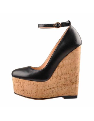 Wood Grain Platform Wedges Round Toe Buckle Strap Pumps