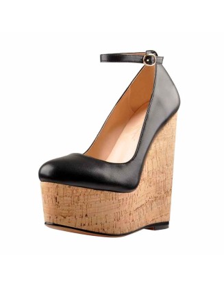 Wood Grain Platform Wedges Round Toe Buckle Strap Pumps