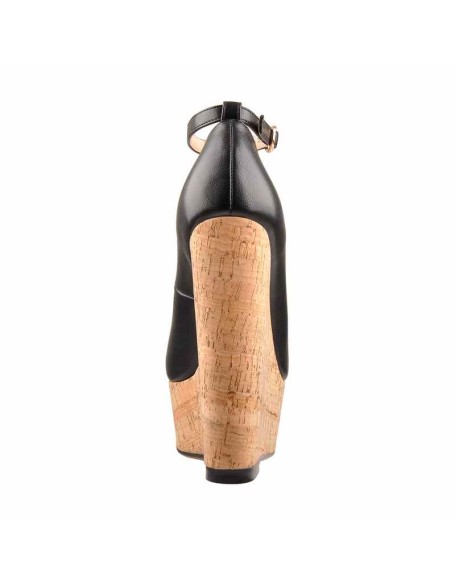 Wood Grain Platform Wedges Round Toe Buckle Strap Pumps