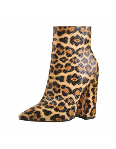 Leopard Pointed Toe High Heels Chunky Block Ankle Booties