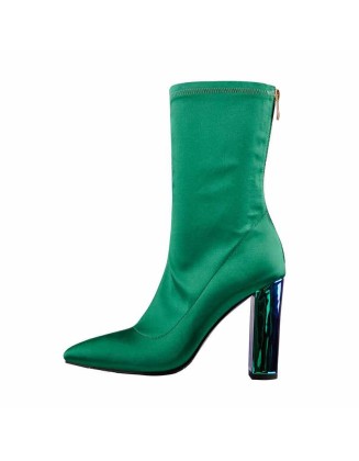 Breathable Pointed Toe Chunky Heels Green Ankle Boots