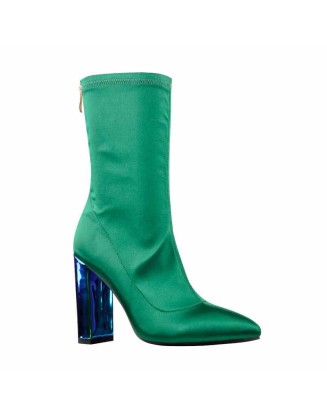 Breathable Pointed Toe Chunky Heels Green Ankle Boots