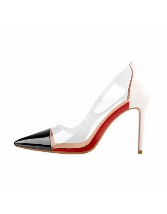 Black Pointed Toe Red White Stitching Transparent High Heels Pumps