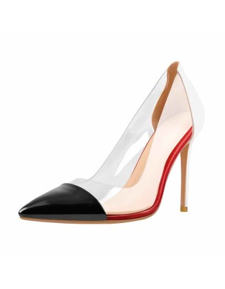 Black Pointed Toe Red White Stitching Transparent High Heels Pumps