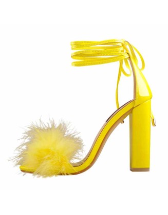 Fluffy Feather Gladiator Lace-up Chunky High Heel Sandals