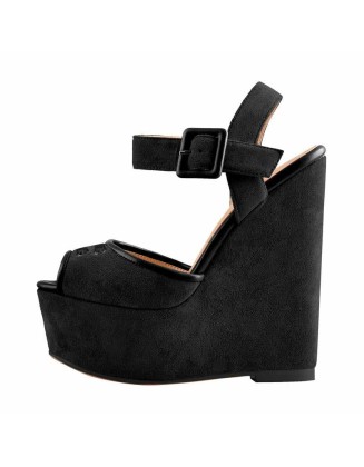 Black Suede Peep Toe Wedge High Heel Sandals