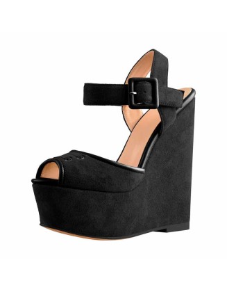 Black Suede Peep Toe Wedge High Heel Sandals