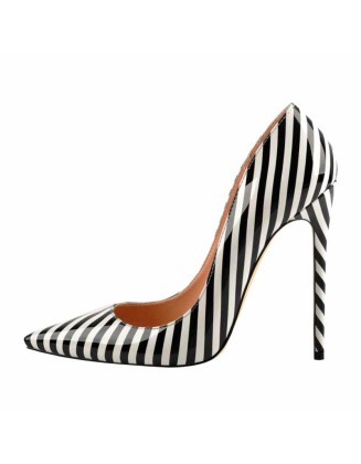Black White Stripes Pointed Toe Slip On High Heel Pumps