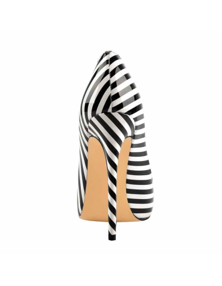 Black White Stripes Pointed Toe Slip On High Heel Pumps