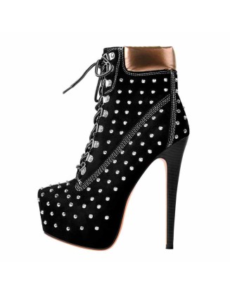 Black Suede Round Toe Rivet Lace-up Ankle Boots
