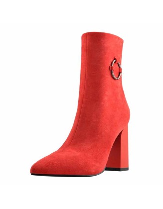 Red Suede Zip Chunky Frosted High Heels Boots
