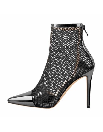Pointed Toe Hollow Network Patent Leather High Heel Ankle Boots
