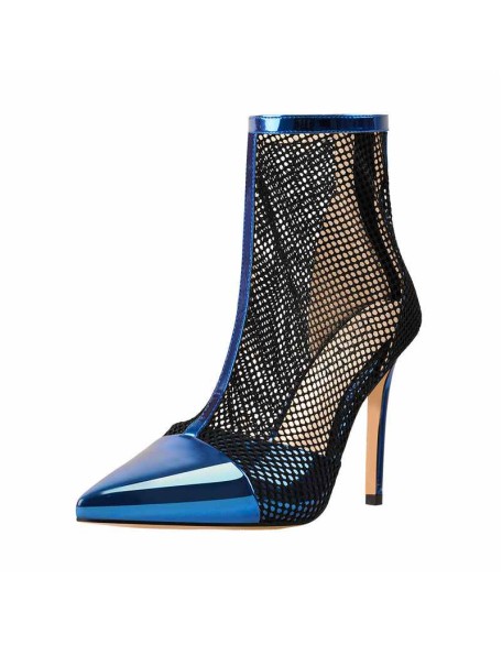 Pointed Toe Hollow Network Patent Leather High Heel Ankle Boots