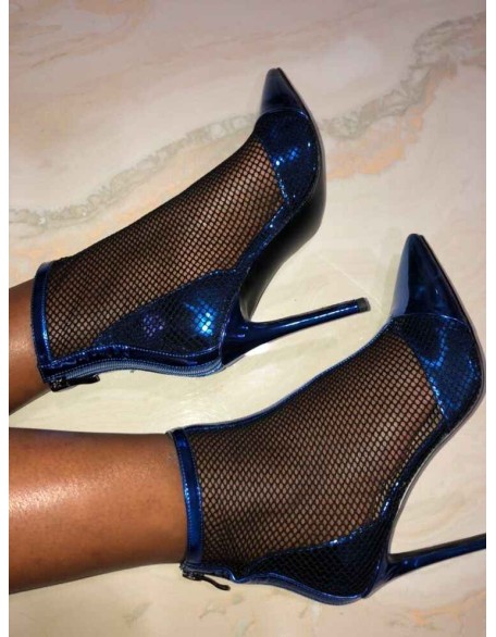 Pointed Toe Hollow Network Patent Leather High Heel Ankle Boots
