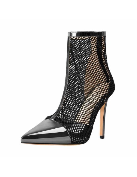 Pointed Toe Hollow Network Patent Leather High Heel Ankle Boots